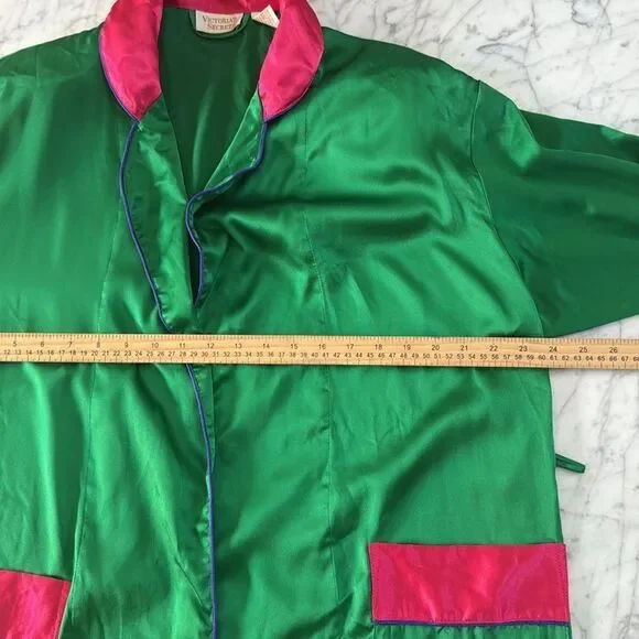 Victoria's Gold Label Vintage Secret Satin Green/Pink Kimono Style Robe Sz Small - Picture 8 of 9